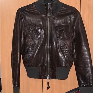 Brown leather bomber jacket